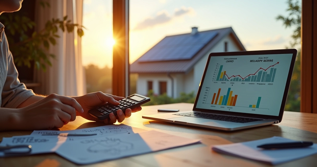 Pessoa analisando planilha de retorno financeiro com painel solar ao fundo