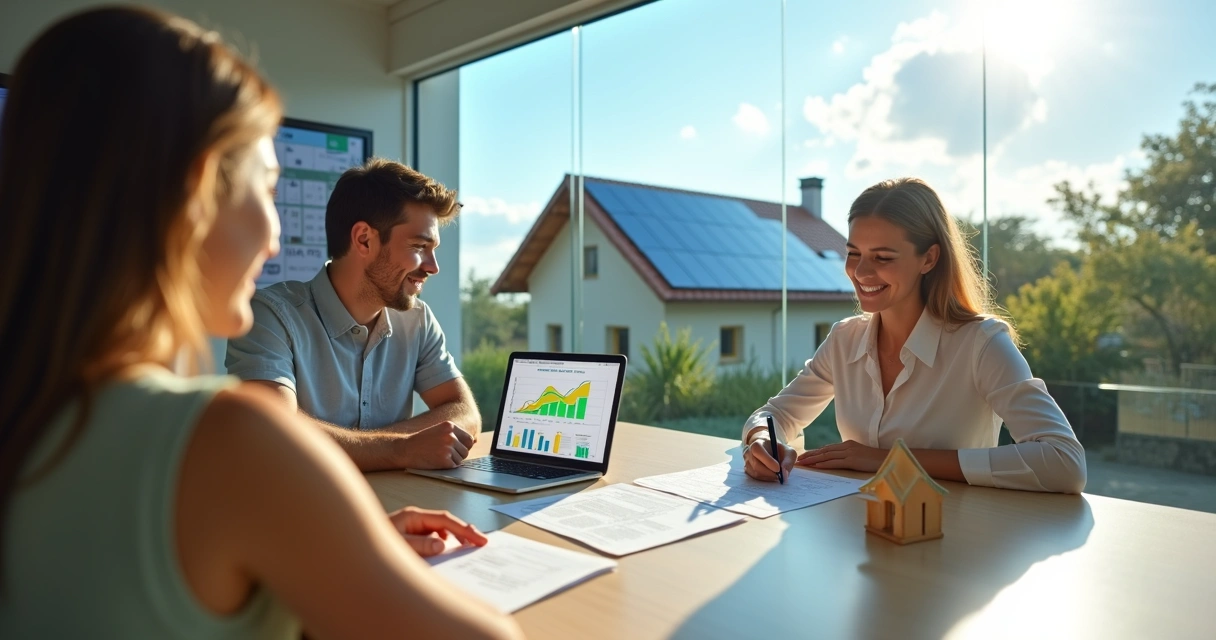 Casal assinando contrato de financiamento de energia solar com painel visto pela janela