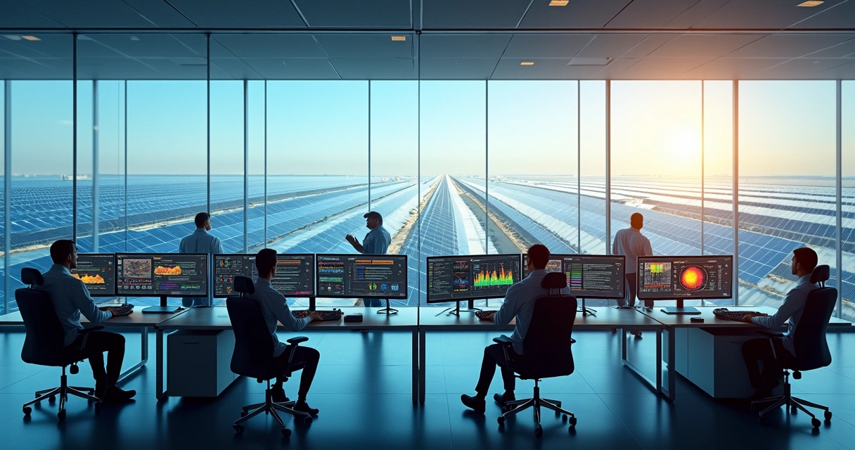 Sala de controle monitorando manutenção de painéis solares em grande usina