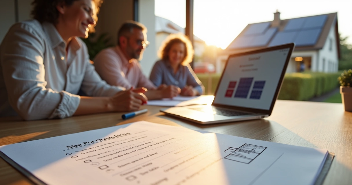 Família analisando checklist sobre projeto de energia solar na mesa de casa