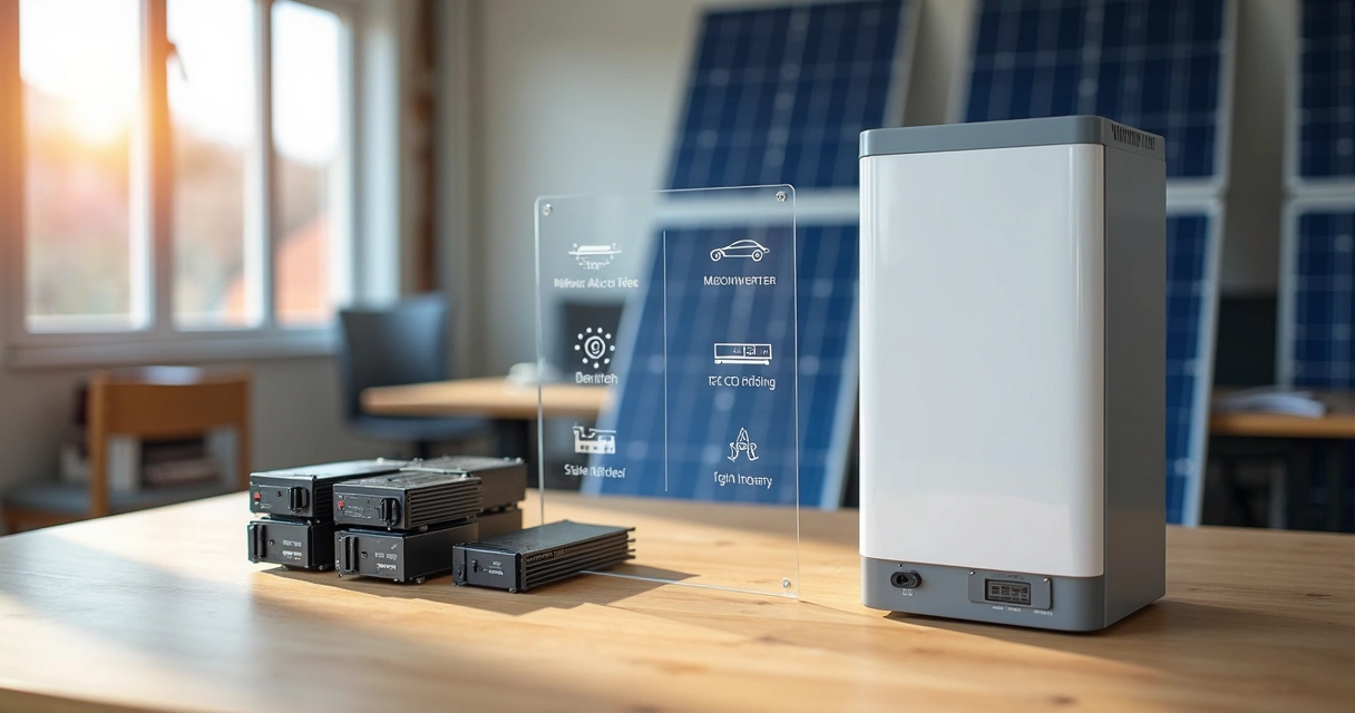Comparação visual entre microinversor e string inverter sobre mesa com painéis solares ao fundo