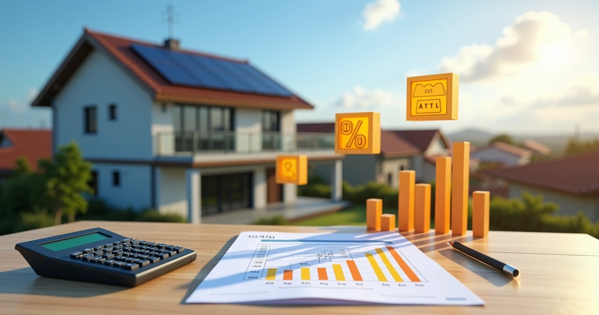 Casa com telhado solar e símbolos de impostos pairando sobre documento com gráficos
