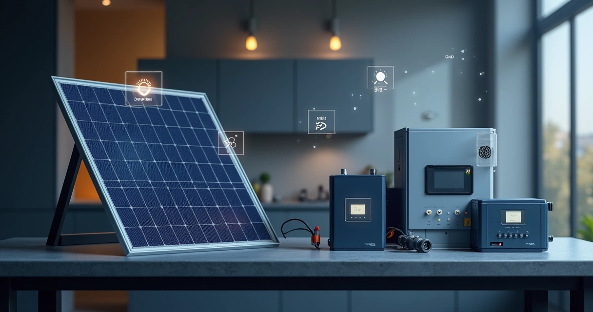 Close-up de equipamentos solares alinhados com ícones de durabilidade e garantia