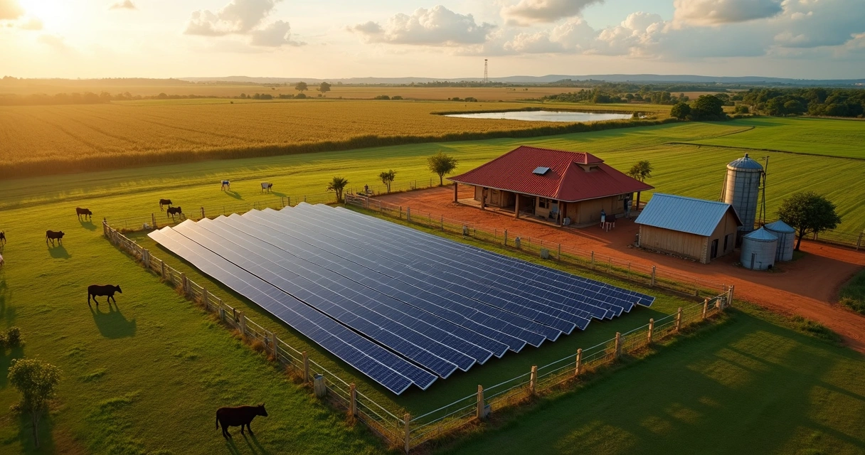 Painéis solares em pasto cercado com gado e silos ao fundo
