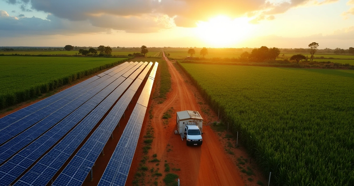 Fazenda em Sorriso com painéis solares alinhados ao lado da plantação