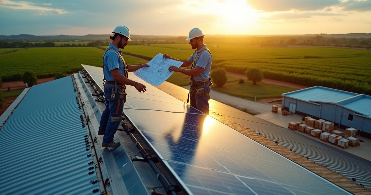 Técnicos instalando painéis solares em telhado de galpão rural em Sorriso MT ao entardecer