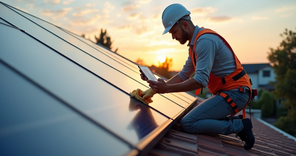 Técnico verificando sistema fotovoltaico em telhado residencial ao pôr do sol