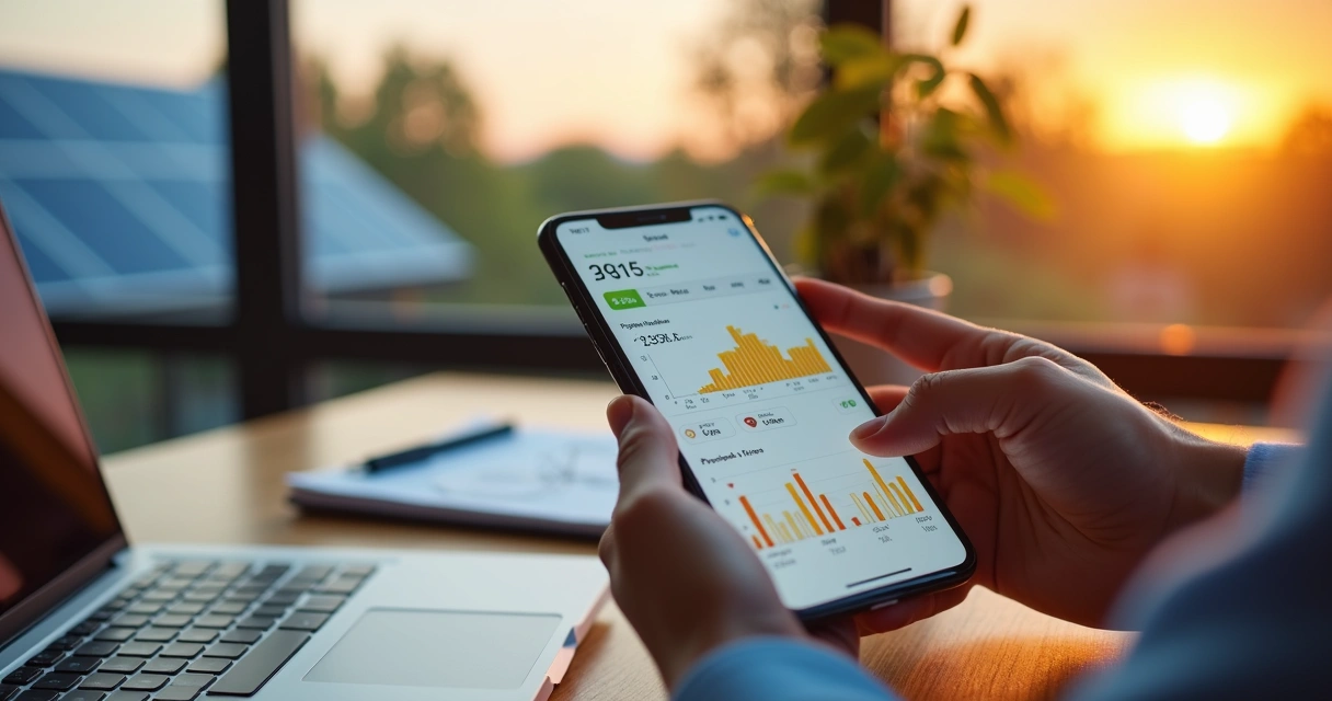Pessoa monitorando sistema solar no celular com gráficos em tempo real