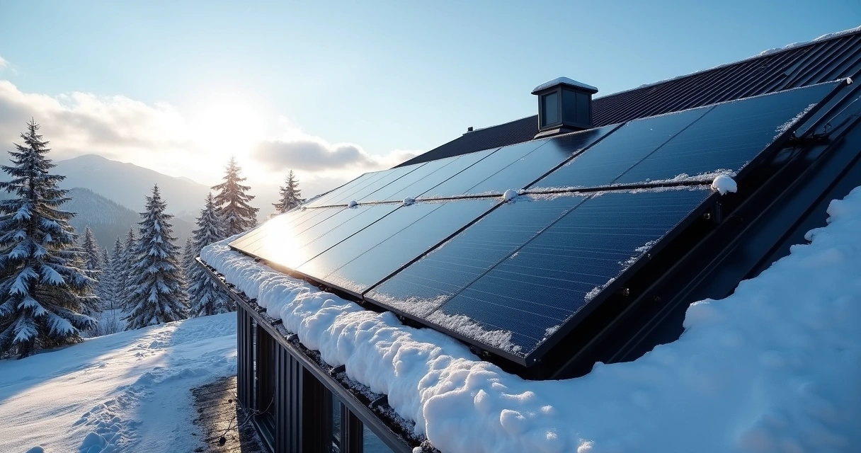 Painéis solares em telhado coberto de neve com montanhas ao fundo