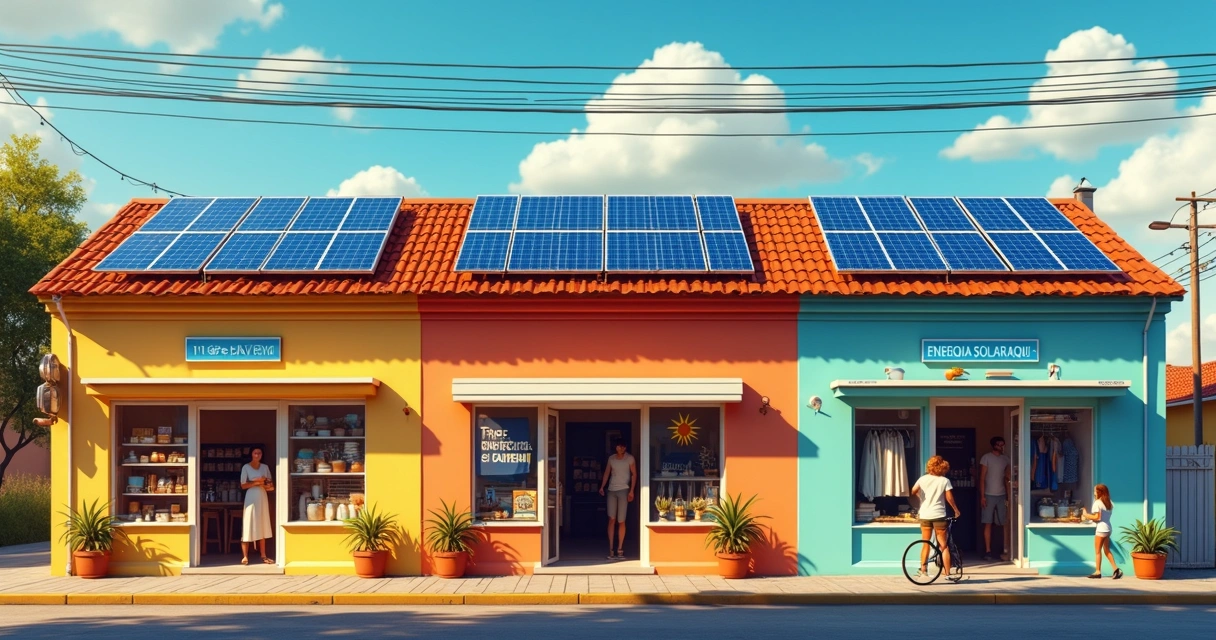 Pequenos comércios com fachadas iluminadas e painéis solares no telhado ao entardecer