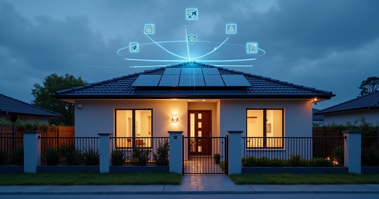 Casa com sistema solar protegido por sensores de segurança ao anoitecer