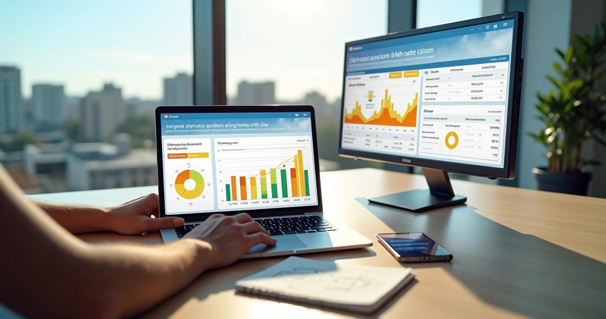 Pessoa usando notebook para simular economia com energia solar em ambiente moderno