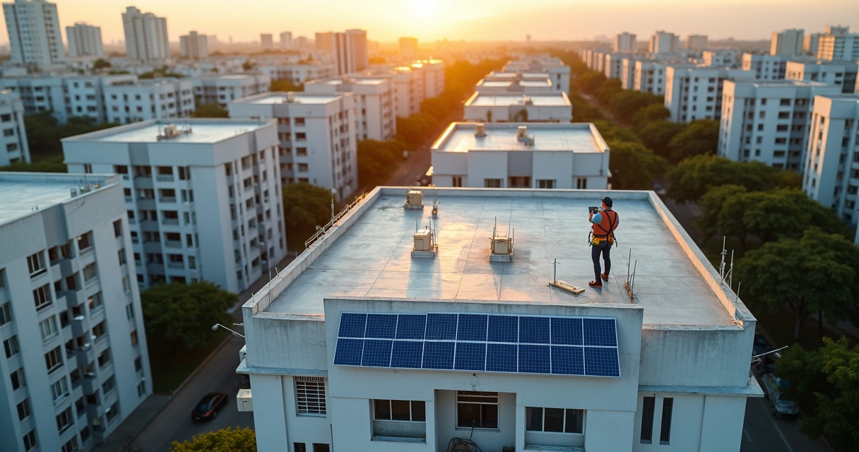 Vista aérea de prédios urbanos com análise de telhado para painéis solares
